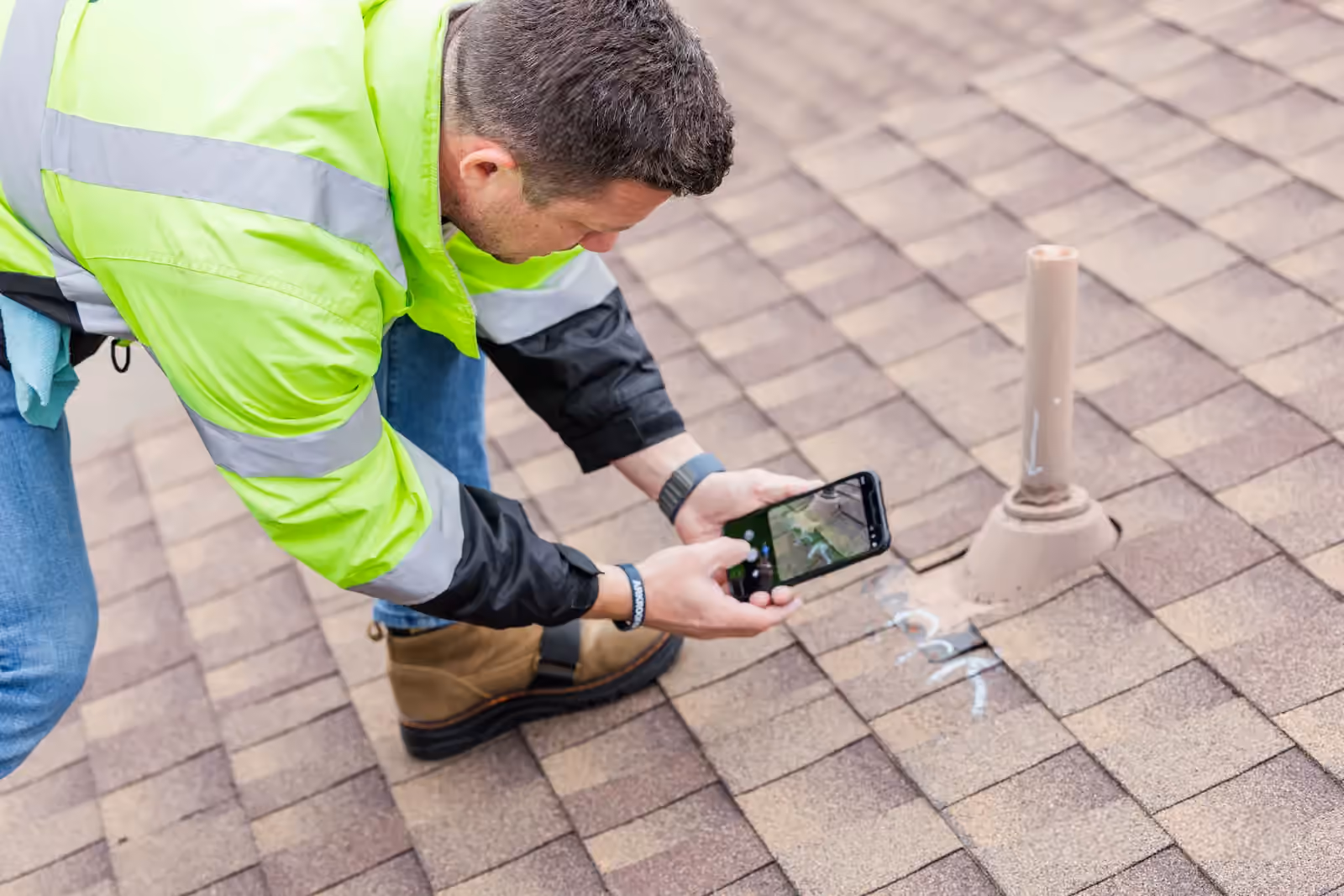 Roofer photographing shingles and flashing beside a roof vent