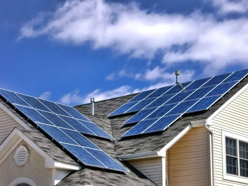 Solar panels on a Texas shingle roof under bright sun showing attic heat transfer challenges